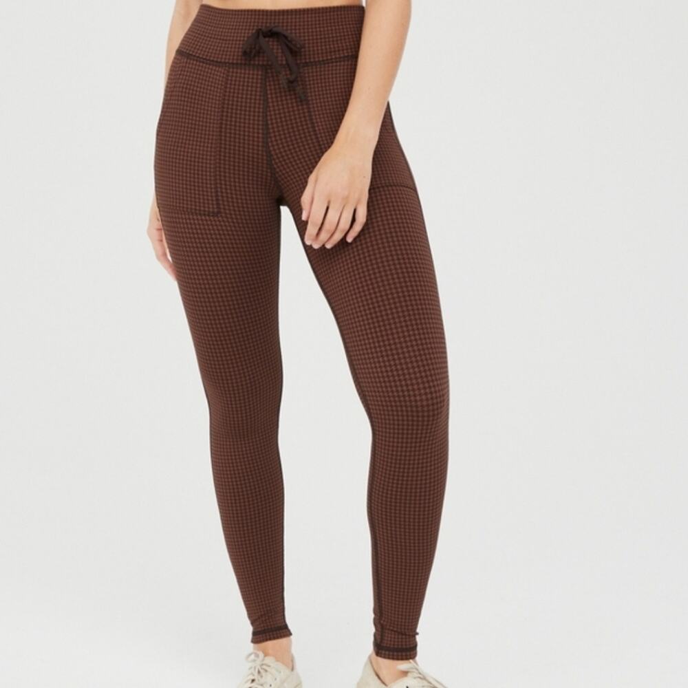 NWT Aerie Offline Houndstooth Drawcord Leggings Brown Houndstooth Pockets XS